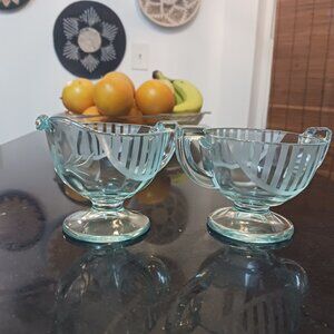 MCM Vintage Blue Glass Art Deco Creamer and Sugar Set 3"